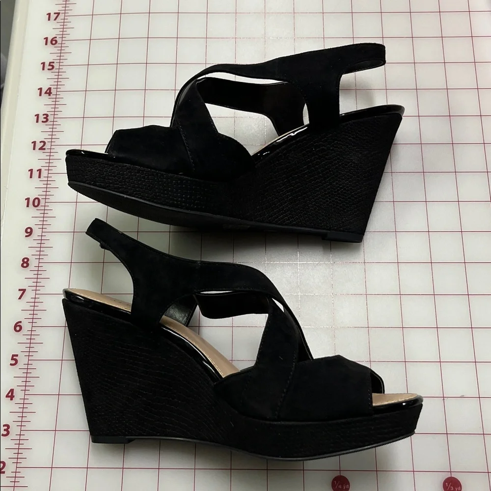 ALFANI NEW Whimsigoth Party Black Suede Leather Crossover Platform Wedge Shoe 10